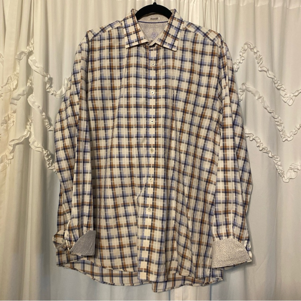 Bugatchi Uomo Shirt Plaid Long Sleeve Flip Cuff Brown Blue White